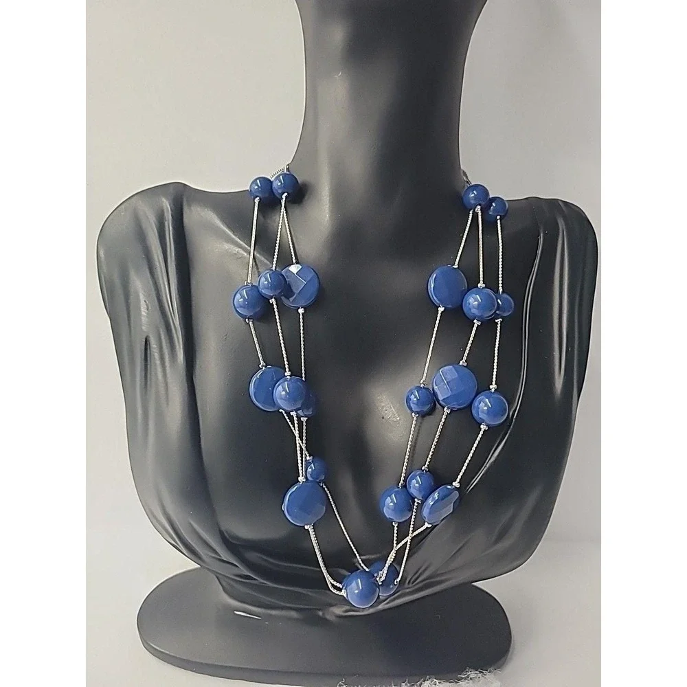Vintage Blue Bead Multi Strand Silver Tone Necklace‎ Long Layered Statement